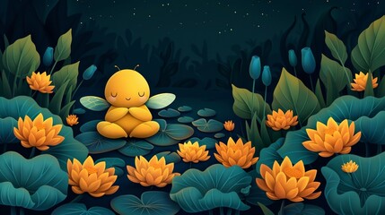 Zen bee meditating in a peaceful garden, minimalist and tranquil illustration, serene garden with lotus flowers, calming and spiritual