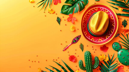 banner on "cinco de mayo" on a yellow  background sombrero  and  traditional mexican patterns with copyspace