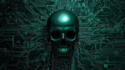 human skull with circuit board green background