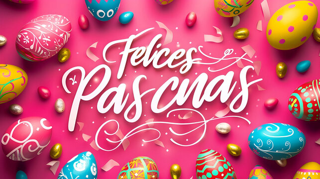  inscription "felices pascuas" on a pink background Easter eggs with a pattern