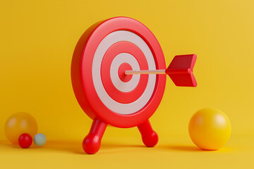 3D red white dartboard and one dart on yellow background. Target and goal, forecast concept.
