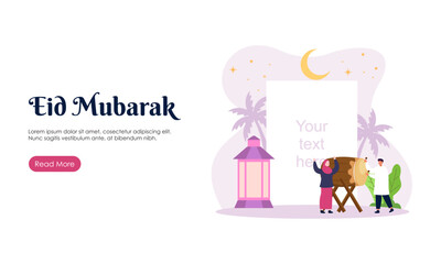 Obraz premium Happy Eid Mubarak or Ramadan Greeting with People Character Illustration. Islamic Design Template for Banner, Landing Page or Poster.