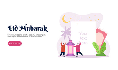 Happy Eid Mubarak or Ramadan Greeting with People Character Illustration. Islamic Design Template for Banner, Landing Page or Poster.
