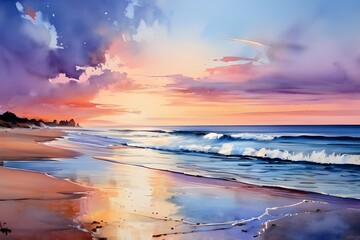Fototapeta na wymiar Serene Beach Scene with Vibrant Watercolor
