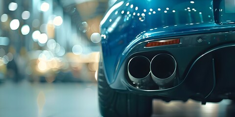 Closeup of stainless steel exhaust tip on sports car with blurred showroom in background creating bokeh effect. Concept Car Photography, Bokeh Effect, Stainless Steel Exhaust, Sports Car - obrazy, fototapety, plakaty