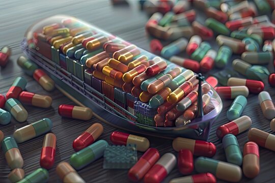 A 3D visualization of a pill capsule as a container ship discussing the logistics of pharmaceutical distribution