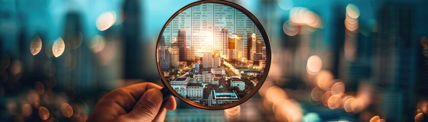 A photo of a person holding a magnifying glass over a financial document with the text transforming into a city skyline - obrazy, fototapety, plakaty