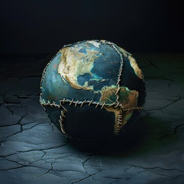 A poignant image of a cracked Earth being stitched back together symbolizing repair and care