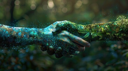 A visionary picture of a handshake between technology and nature forming a sustainable bond