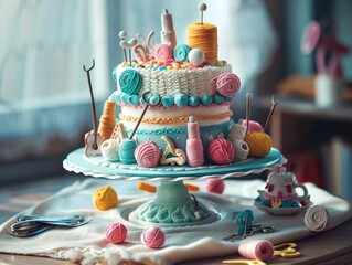 A whimsical sewing and knitting cake complete with fondant yarn balls and tiny tools