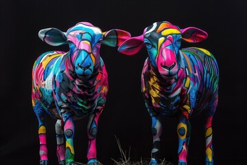 Abstract sheep sculptures painted in neon graffiti art styles against a stark black background