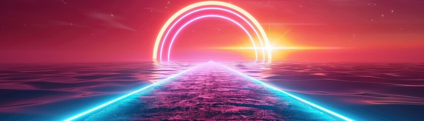 abstract 3D background of neon-lit pathways leading into the horizon symbolizing infinite possibilities - obrazy, fototapety, plakaty