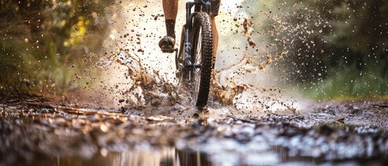 An action shot of a mountain biker splashing through a muddy puddle with water flying in all directions