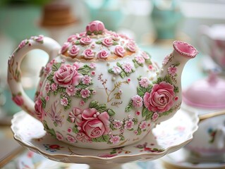 An adorable teapot cake adorned with floral patterns perfect for a tea party