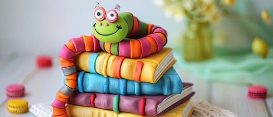 An endearing bookworm cake designed like a stack of colorful books with a fondant worm