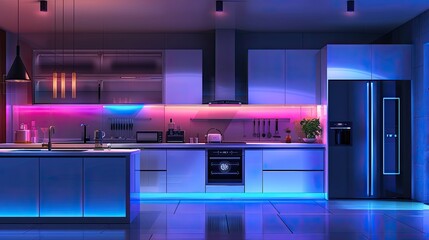 An ultramodern neon kitchen showcasing futuristic appliances and smart home technology in a domestic setting