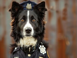 A Border Collie in police uniform with a badge and radio