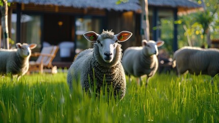 Eco-friendly concept of sheep with green living grass wool in a sustainable