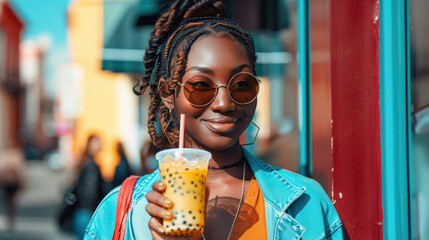 Modern Black Woman With Colorful Bubble Tea Walking In The Street - obrazy, fototapety, plakaty
