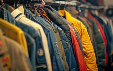 Fototapeta premium A row of jackets hanging on a rack, showcasing various colors and styles. generative ai