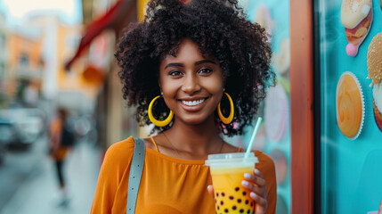 Modern Black Woman With Colorful Bubble Tea Walking In The Street - obrazy, fototapety, plakaty