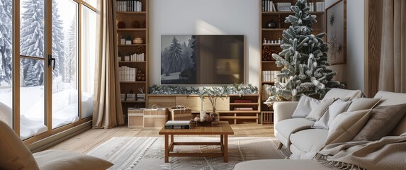 A living room with wooden furniture, a white sofa and coffee table, and a bookcase behind the TV set against a wall decorated in a winter forest style