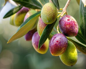 Olives in various stages of ripeness on a tree