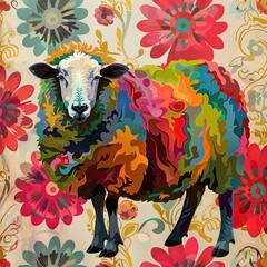Pop art-inspired sheep with bold colorful wool patterns against a retro wallpaper background