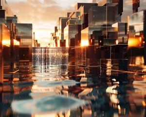 series of cascading 3D cubes creating a waterfall effect with metallic surfaces reflecting a warm sunset light