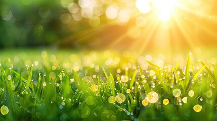 Soft morning dew on a freshly cut green lawn minimalistic sunlight
