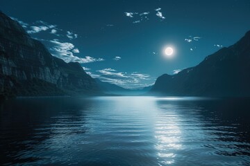 The gleaming surface of a calm lake under a moonlit sky bordered by dark mountains