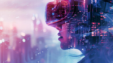 Fototapeta premium girl in virtual reality glasses close-up on a light purple background of the city with copy space
