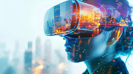 girl in virtual reality glasses close-up on a light background with copy space