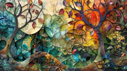 Artistic Rendering of Seasonal Transition in Nature with Mosaic Patterns.