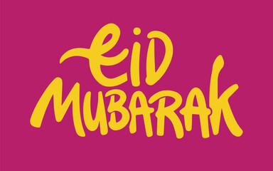 Eid Mubarak handwritten lettering. Modern Calligraphy. Yellow text Vector lettering isolated on pink background. Eid Mubarak hand drawn lettering for your design