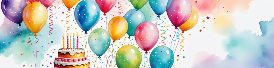 Abstract watercolor birthday background with balloons and cake. Banner for presentation or congratulations on a holiday or birthday, space for text.	