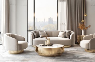 A luxury living room with light gray velvet chairs, gold legs and brass coffee table, beige sofa, white walls, floor to ceiling windows, bright lighting, soft colors, and modern style