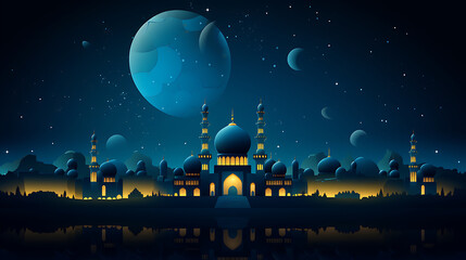 Black mosque in the night with moon with copy space. Generative AI