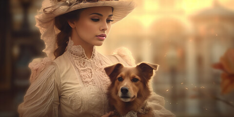 Elegant Victorian Lady and Loyal Companion in Golden Hour - A Banner of Timeless Grace