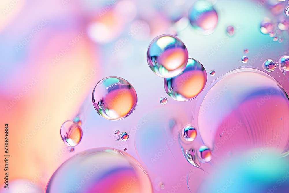 Poster pink holographic bubbles floating on the soft colorful abstract background in beautiful vivid tones.