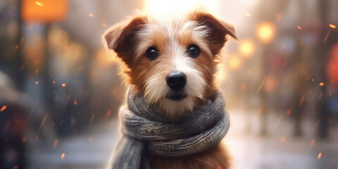 Cozy Scarf-Wrapped Pup Gazing Through a Golden Sparkling Winter Banner - obrazy, fototapety, plakaty