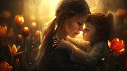 Mothers Day,
happy mother and daughter in spring, beautiful woman with child, love family concept