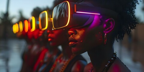 Individuals from different continents engage in a shared virtual reality experience bridging distances through technology. Concept Virtual Reality, Global Connections, Intercontinental Communication