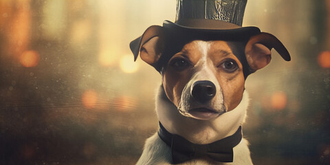 Elegant Canine Dressed in Top Hat Embracing Vintage Charm - Banner - obrazy, fototapety, plakaty