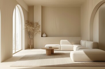 A minimal modern living room with an arched window, a large cream sofa and coffee table in front of it. A beige rug on the floor, natural light from outside