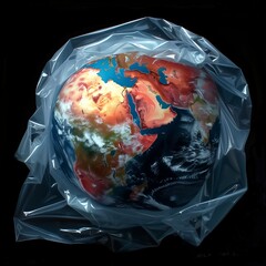 Planet Earth wrapped with plastic bag. Earth day ai generated illustration. Isolated on black background. Save environment with recycling concept.