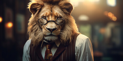 Stylish Scholarly Lion Dressed in Suit and Tie Banner: Regal Wisdom Blends with Fashion - obrazy, fototapety, plakaty