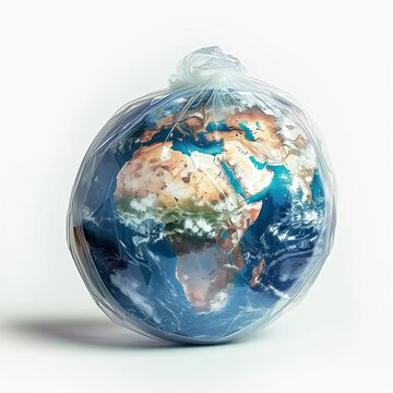 Planet Earth wrapped with plastic bag. Earth day ai generated illustration. Isolated on white background. Save environment with recycling concept.