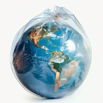 Planet Earth wrapped with plastic bag. Earth day ai generated illustration. Isolated on white background. Save environment with recycling concept.