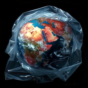 Planet Earth wrapped with plastic bag. Earth day ai generated illustration. Isolated on black background. Save environment with recycling concept.
